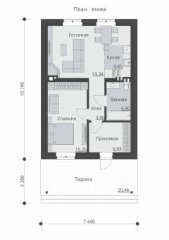Оодноэтажный дом с террасой, спальней и отделкой облицовочным кирпичом